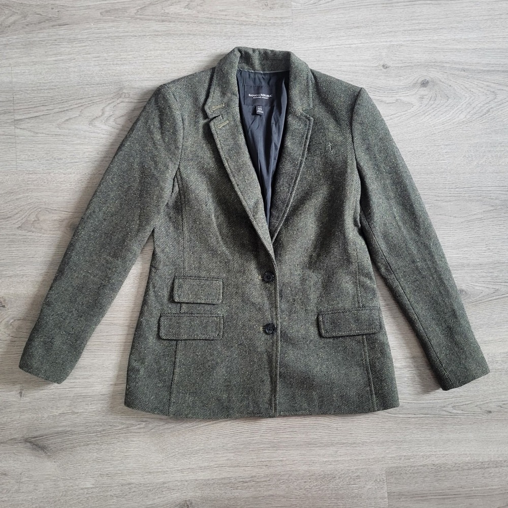 Banana Republic Hacking Jacket Olive Herringbone Wool Silk Blazer Petite 00